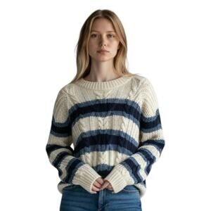 Free People Women Sweater Frankie Cable Knit Stripe Crew Neck Cotton Medium $108